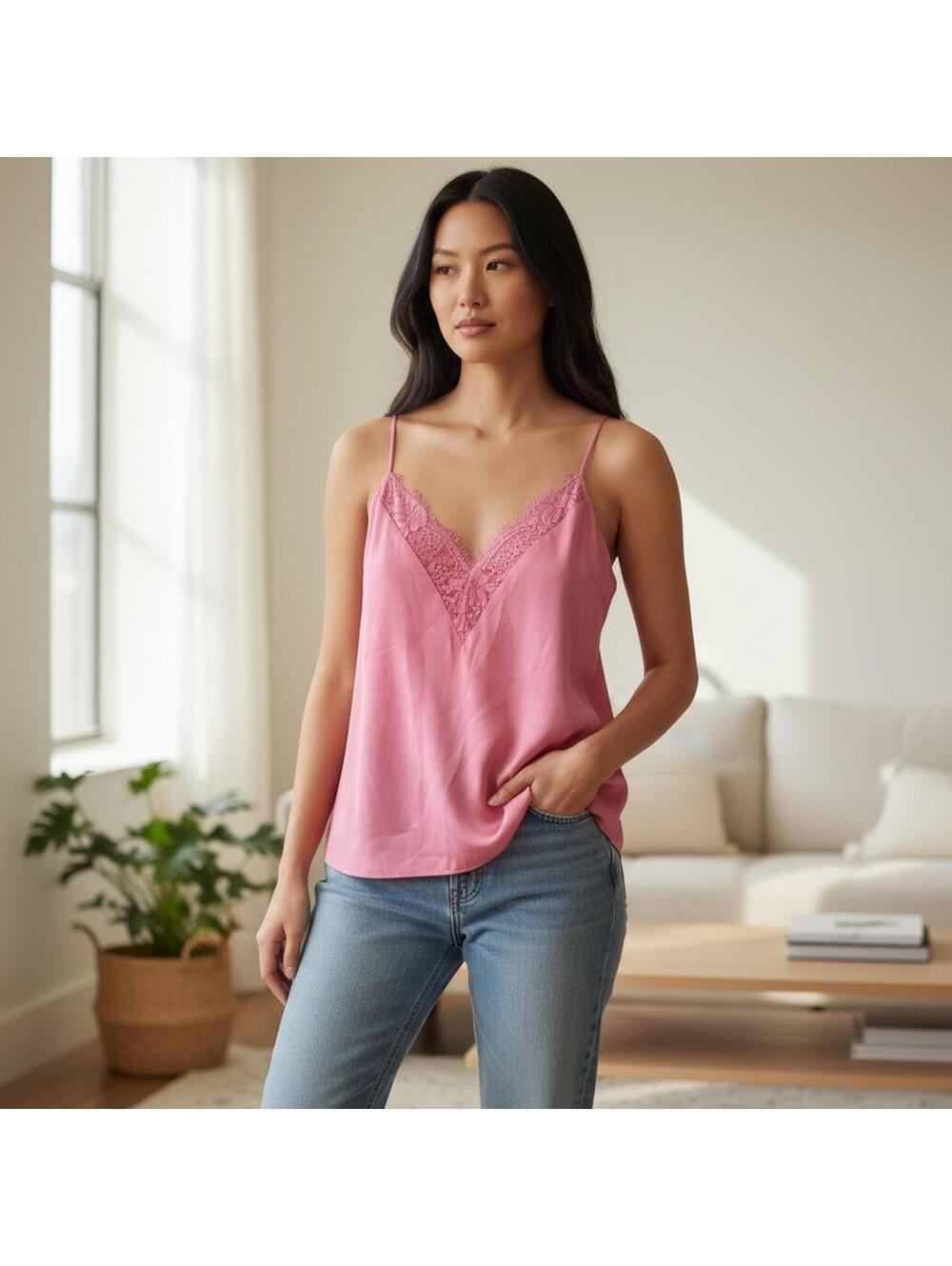 Socialite Women's Pink Lace Trim Camisole Tank Top